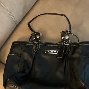Coach Black Leather Tote with Silver Accents